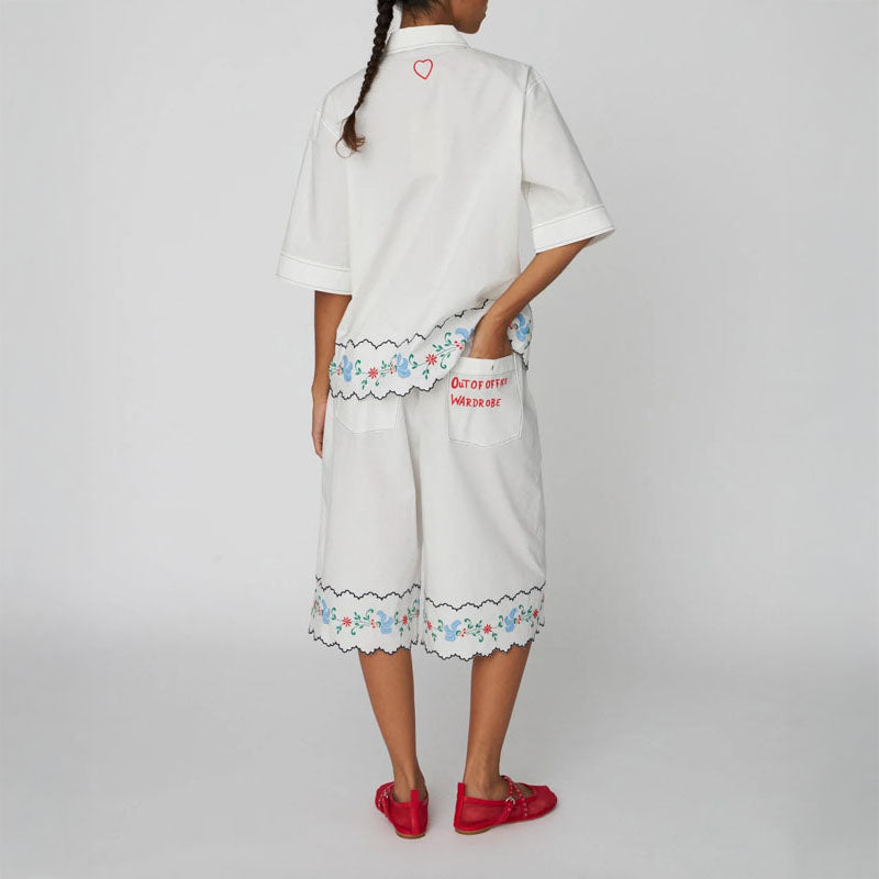 STELLA NOVA Coloured Embroidered Oversized Shirt in Off White
