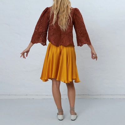 STELLA NOVA Crisp Delicate Embroidered Cotton Blouse in Brown