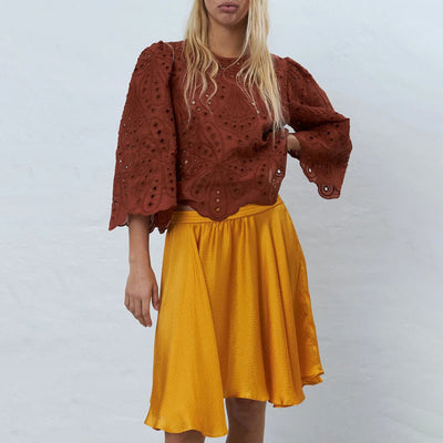 STELLA NOVA Crisp Delicate Embroidered Cotton Blouse in Brown