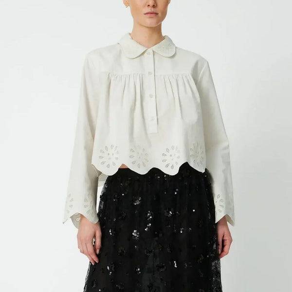 STELLA NOVA Cropped Blouse with Embroidery Anglaise in White