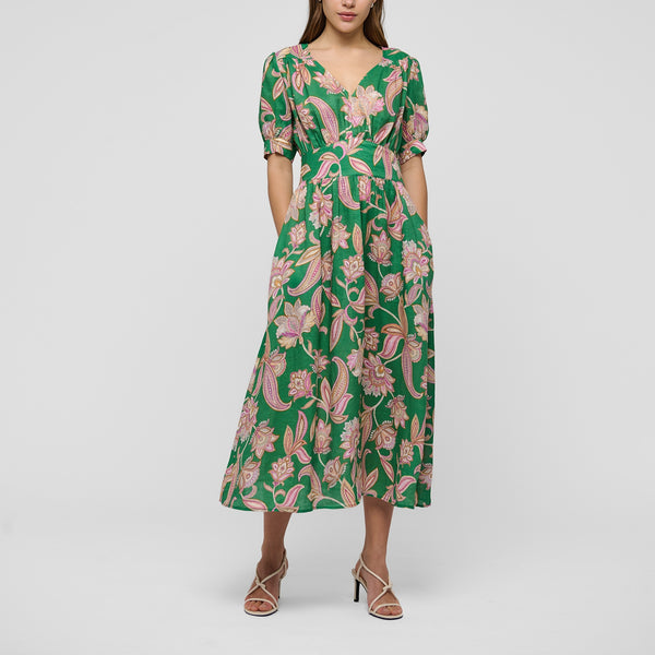 DEA KUDIBAL Leandra Linen Dress  in Paisley Full Green