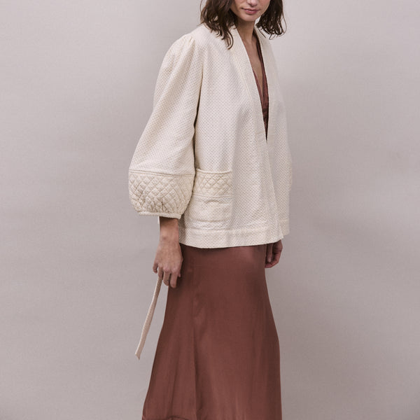 FAUNE Deia Cotton Tapestry Lurex Jacket in Oyster and Gold