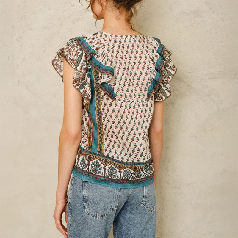 M.A.B.E Devi Print Frill Top in Multi