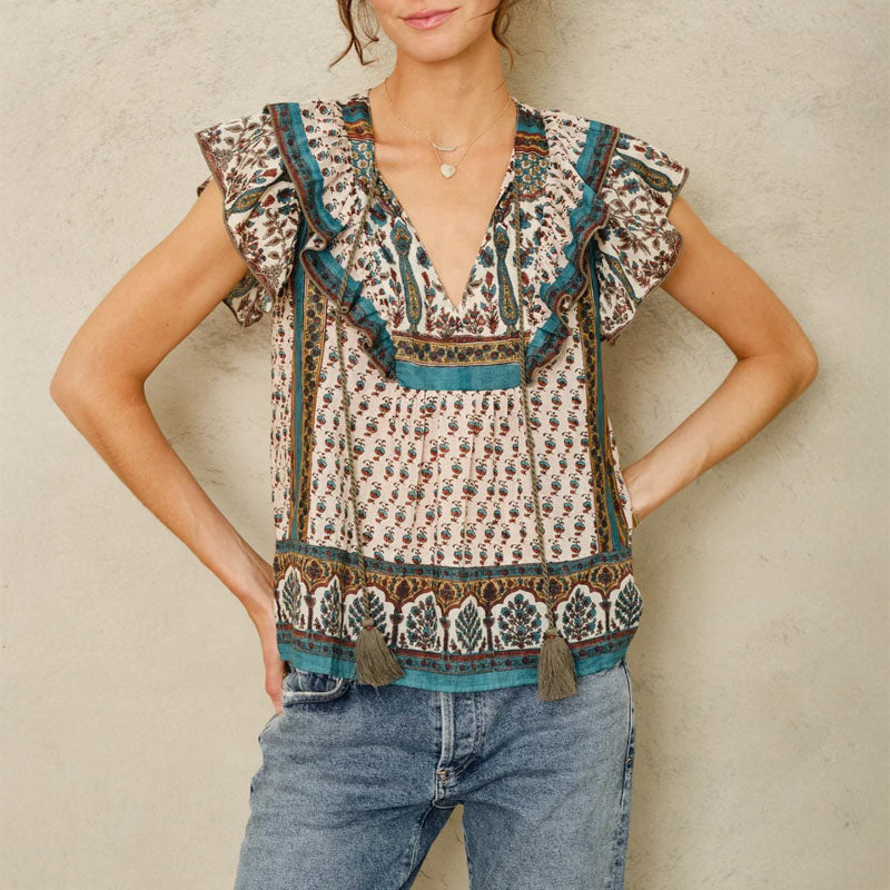 M.A.B.E Devi Print Frill Top in Multi