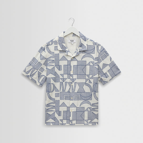 WAX LONDON Didcot Short Sleeve Shirt in Ecru/Blue