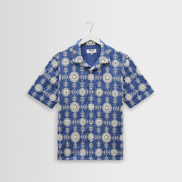 WAX LONDON Didcot Short Sleeve Shirt in Blue/Ecru