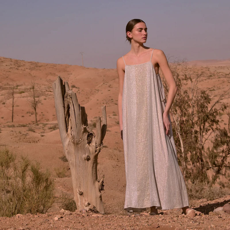 DIEGA Rofia Dress in Metallic Ecru