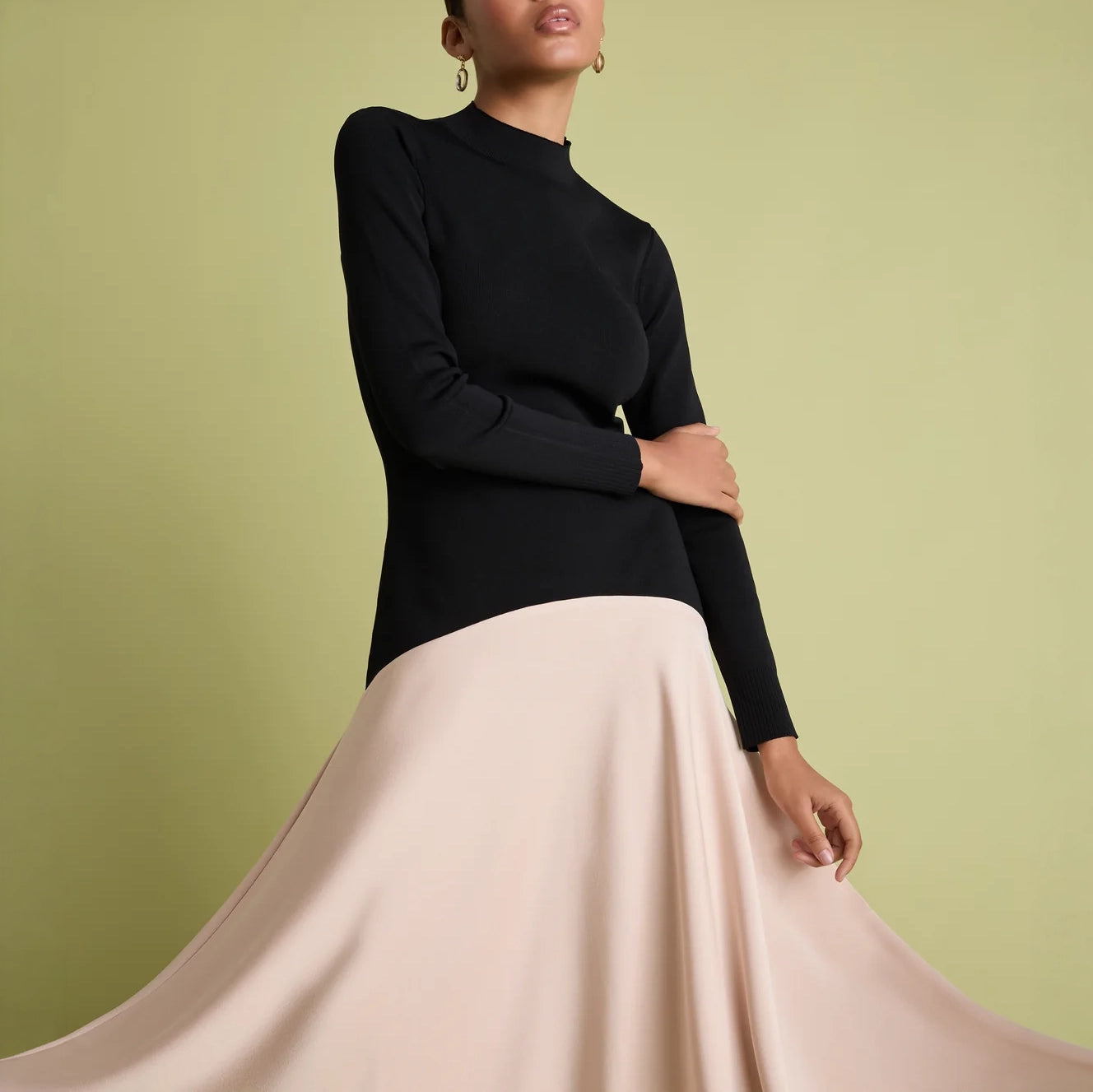 FLORERE Acacia Colour Block Mockable Midi Dress in Satin Pink & Black