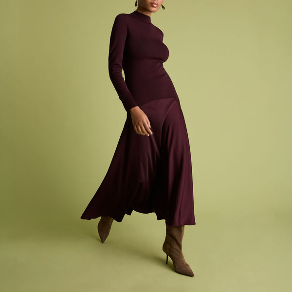 FLORERE Acacia Mockable Midi Dress in Burgundy