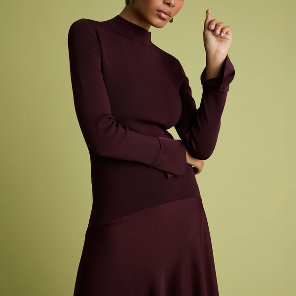 FLORERE Acacia Mockable Midi Dress in Burgundy