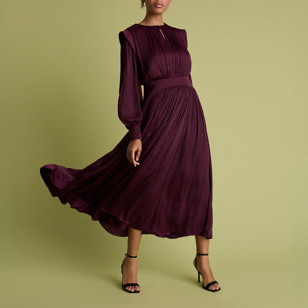 FLORERE Burgundy Blouson Sleeve Fit and Flare Midi Dress in Burgundy