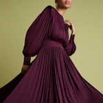 FLORERE Burgundy Blouson Sleeve Fit and Flare Midi Dress in Burgundy