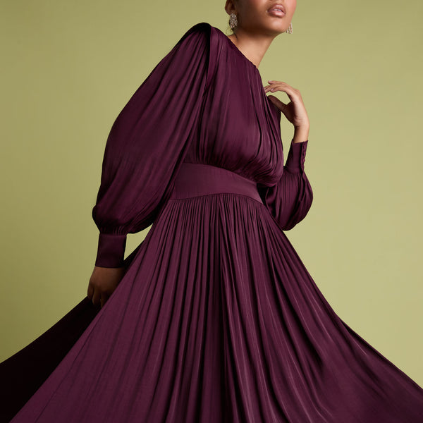FLORERE Burgundy Blouson Sleeve Fit and Flare Midi Dress in Burgundy