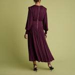 FLORERE Burgundy Blouson Sleeve Fit and Flare Midi Dress in Burgundy