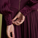 FLORERE Burgundy Blouson Sleeve Fit and Flare Midi Dress in Burgundy