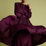 FLORERE Burgundy Blouson Sleeve Fit and Flare Midi Dress in Burgundy