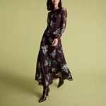 FLORERE Long Sleeved Floral Mesh Midi Dress in Burgundy