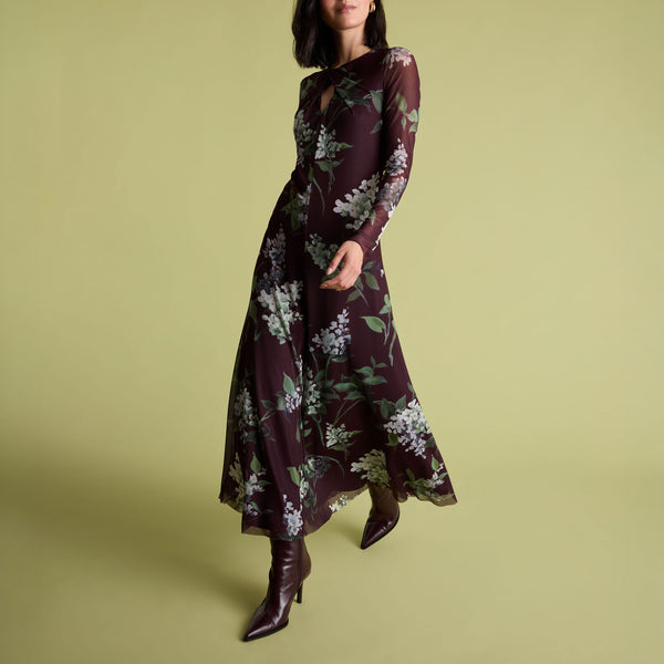 FLORERE Long Sleeved Floral Mesh Midi Dress in Burgundy