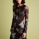 FLORERE Long Sleeved Floral Mesh Midi Dress in Burgundy