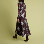 FLORERE Long Sleeved Floral Mesh Midi Dress in Burgundy