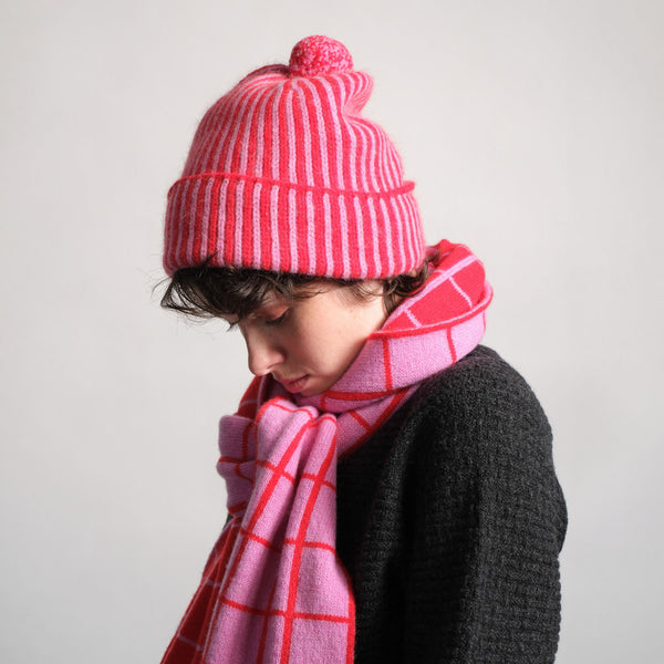 QUINTON & CHADWICK Angora Stripe Beanie Hat in Pink/Red