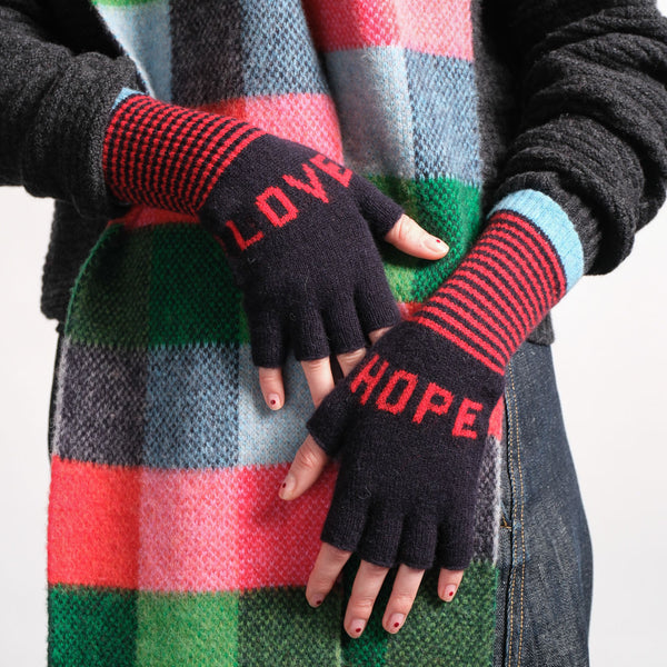 QUINTON & CHADWICK Love Hope Fingerless Gloves in Navy/Red