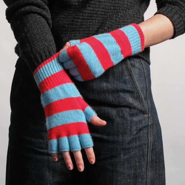 QUINTON & CHADWICK Stripe Fingerless Gloves in Red/ Turquoise
