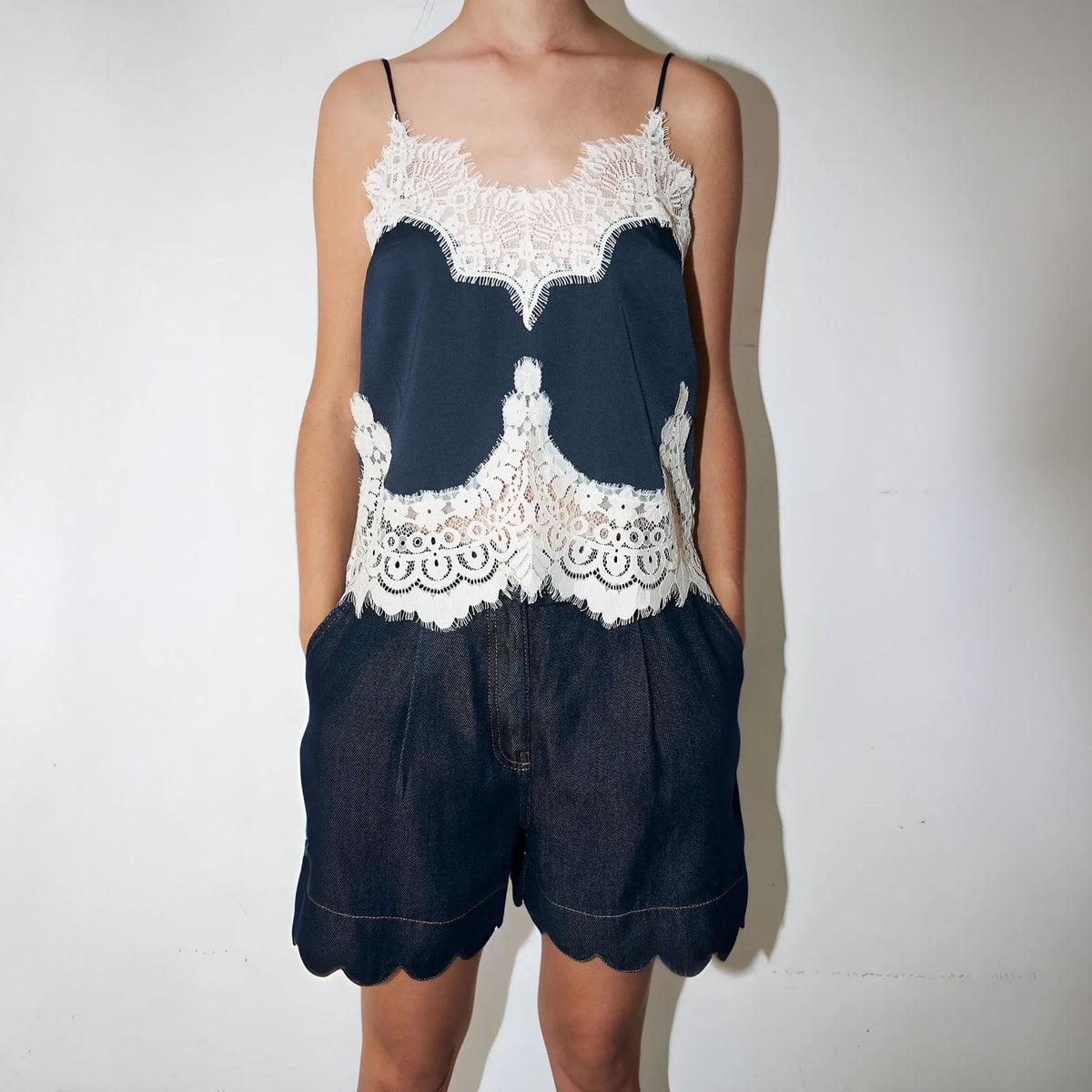 STELLA NOVA Delicate Lace Top in Navy/Creme