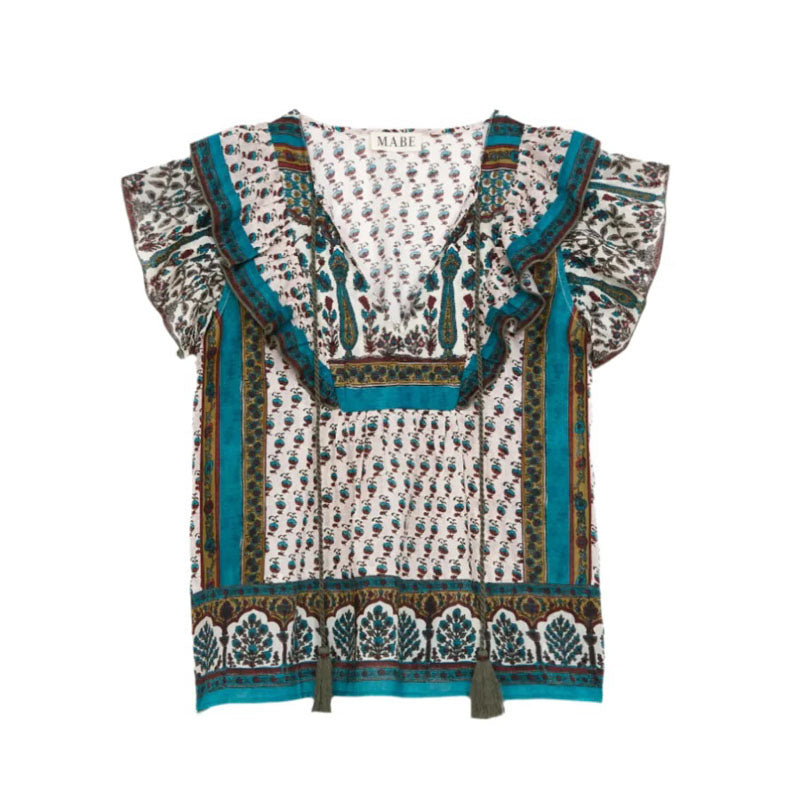 M.A.B.E Devi Print Frill Top in Multi
