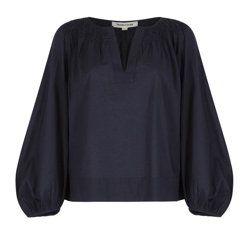 MONDO CORSINI Elizabeth Linen Blouse with Victorine Neckline in Midnight