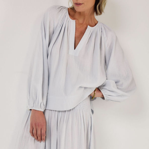 MONDO CORSINI Eliza Gathered V Neck Blouse in Cloud