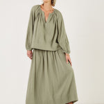 MONDO CORSINI Eliza Gathered V Neck Blouse in Olive