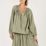 MONDO CORSINI Eliza Gathered V Neck Blouse in Olive