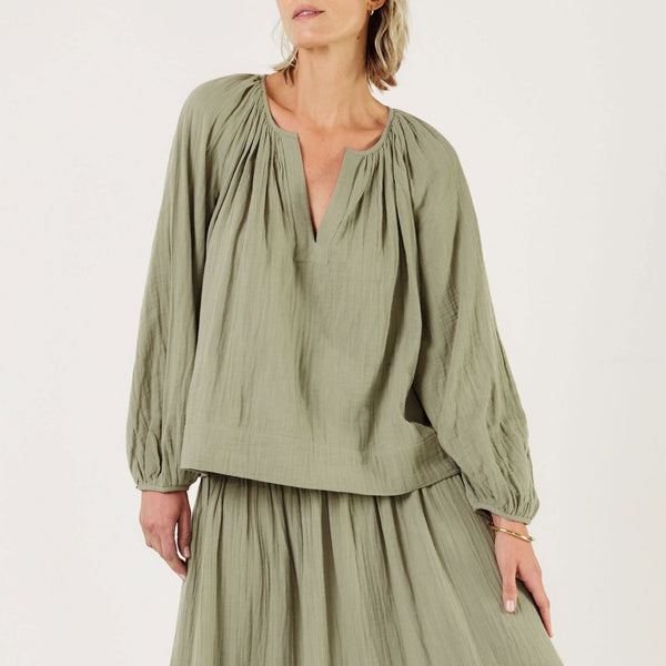 MONDO CORSINI Eliza Gathered V Neck Blouse in Olive