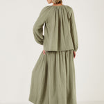 MONDO CORSINI Eliza Gathered V Neck Blouse in Olive