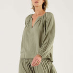 MONDO CORSINI Eliza Gathered V Neck Blouse in Olive
