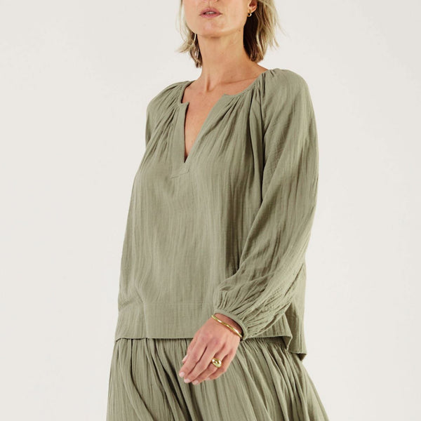 MONDO CORSINI Eliza Gathered V Neck Blouse in Olive