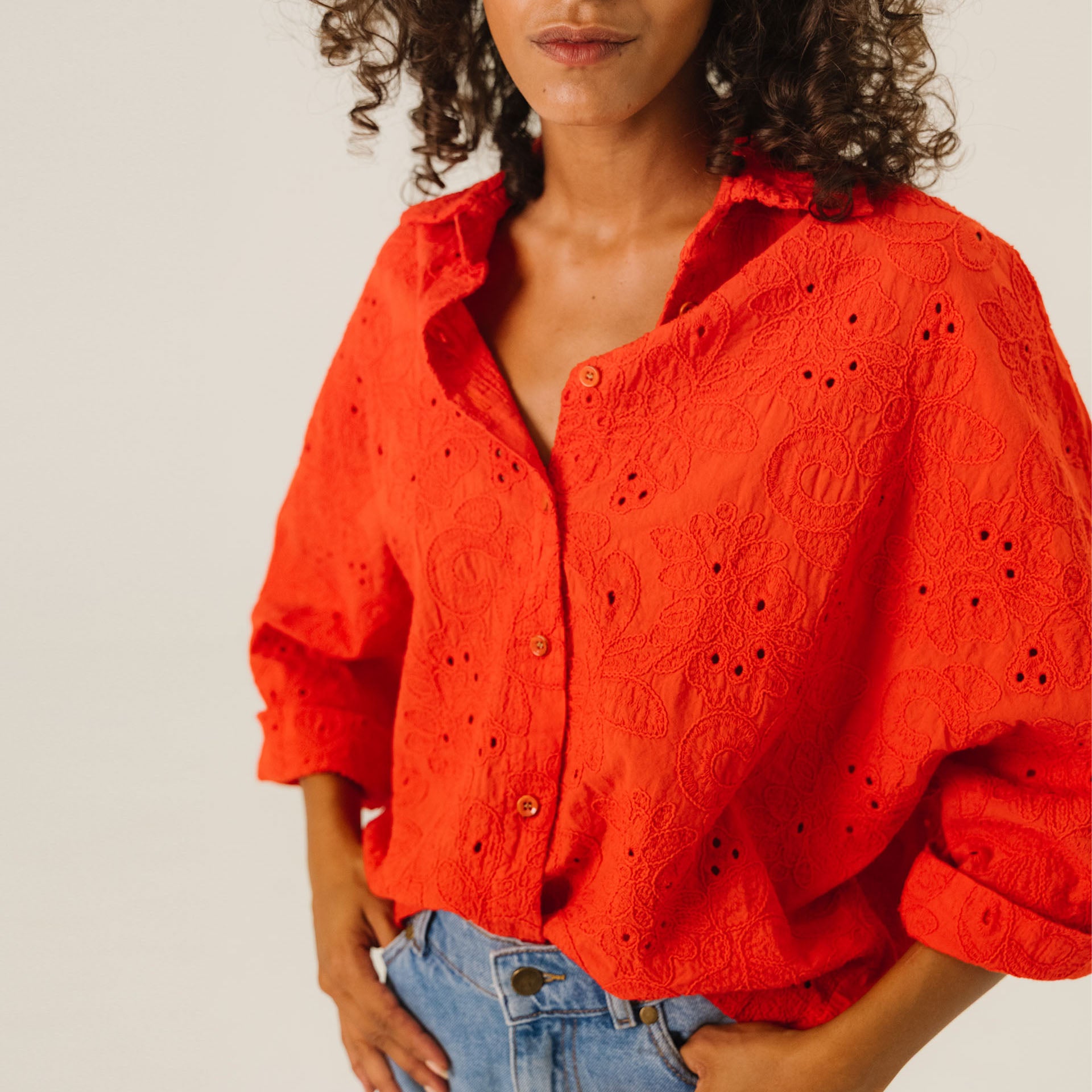 TINSELS Emy Folk Broderie Anglaise Shirt in Pulpe Red | Collen & Clare