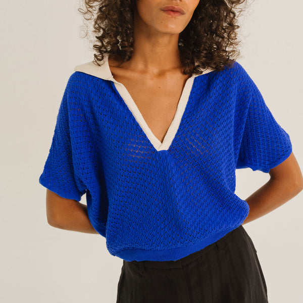 TINSELS Enzo Cropped Cotton Polo Shirt in Klein