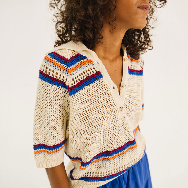 TINSELS Eylin Knitted Cotton Polo Shirt in Ecru