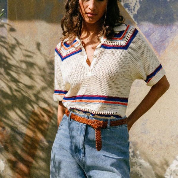 TINSELS Eylin Knitted Cotton Polo Shirt in Ecru