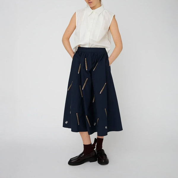 STELLA NOVA Embroidered Midi Skirt in Navy