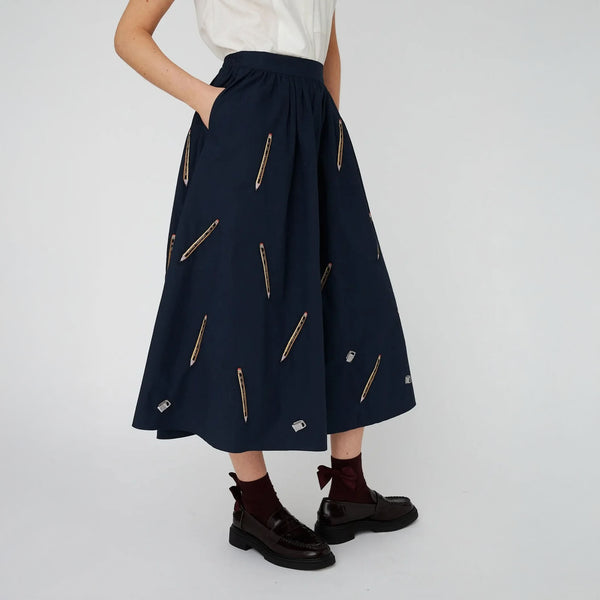 STELLA NOVA Embroidered Midi Skirt in Navy