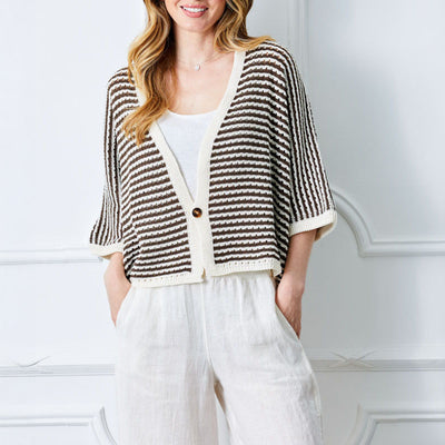 SUZY D Fantasia Short Stripe Cardigan in Cream/Brown