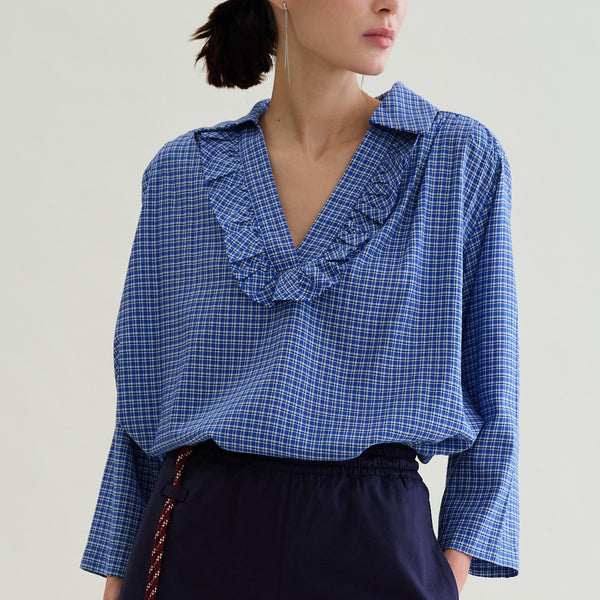 FLOOR V Neck Checked Shirt in Atlantic