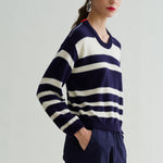 FLOOR Striped Round Neck Jumper in Navy/Coconut