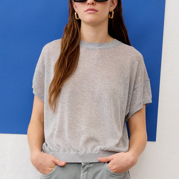 FLOOR Lurex Short Sleeve Top in Silver