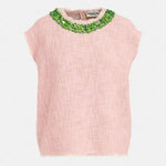 Field Embellished Top in Light Pink/Green