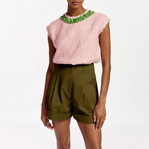 Field Embellished Top in Light Pink/Green