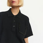 Flame Embroidered Polo Top in Black